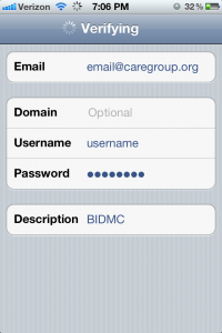 iPhone BIDMC Email Exchange Screen 1